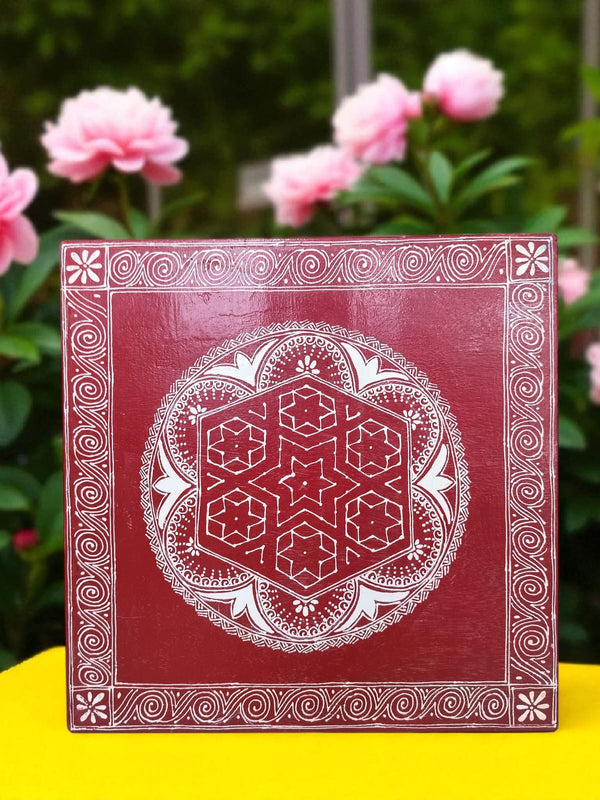 Aipan Art Wooden Pooja Chowki - Design 2 - Handcrafted Himalayan Product by Baaduli