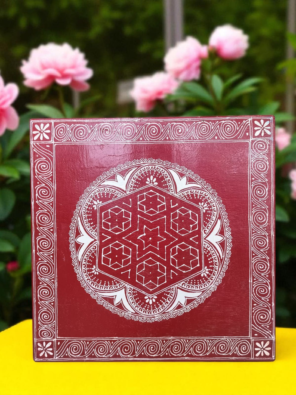 Aipan Art Wooden Pooja Chowki - Design 2 - Handcrafted Himalayan Product by Baaduli