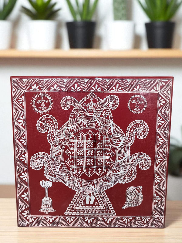 Aipan Art Wooden Pooja Chowki - Design 3 - Handcrafted Himalayan Product by Baaduli