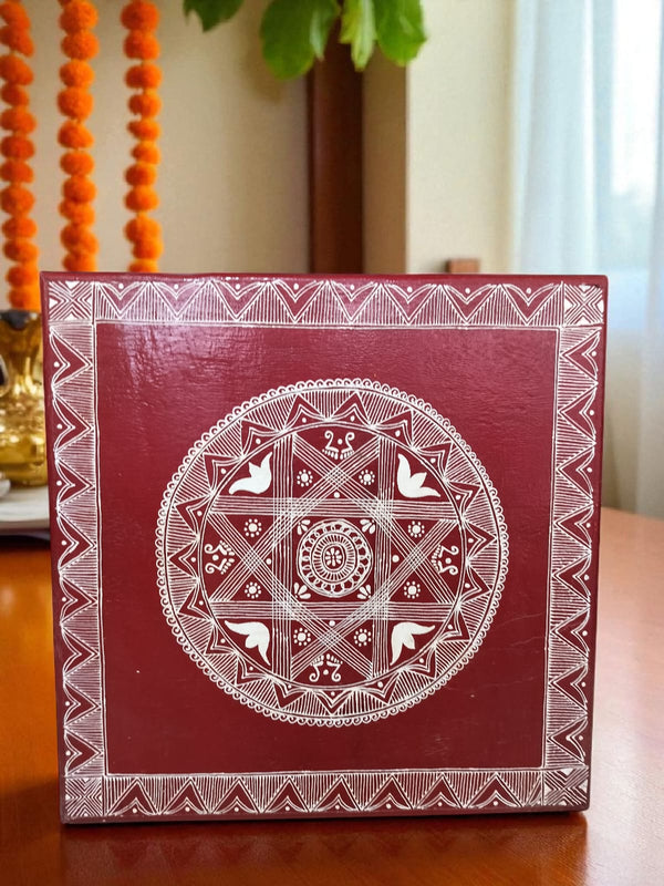 Aipan Art Wooden Pooja Chowki - Design 4 - Handcrafted Himalayan Product by Baaduli