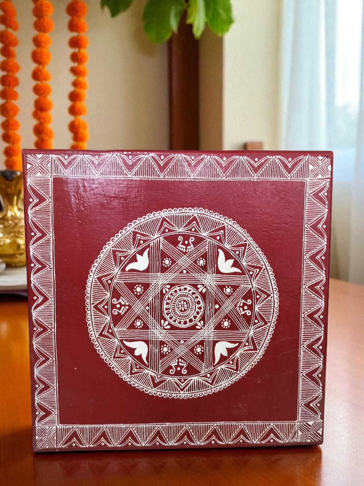 Aipan Art Wooden Pooja Chowki - Design 4 - Handcrafted Himalayan Product by Baaduli