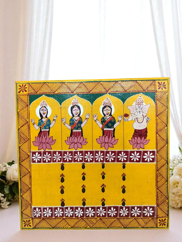 Aipan Art Wooden Pooja Chowki - Design 5 - Handcrafted Himalayan Product by Baaduli