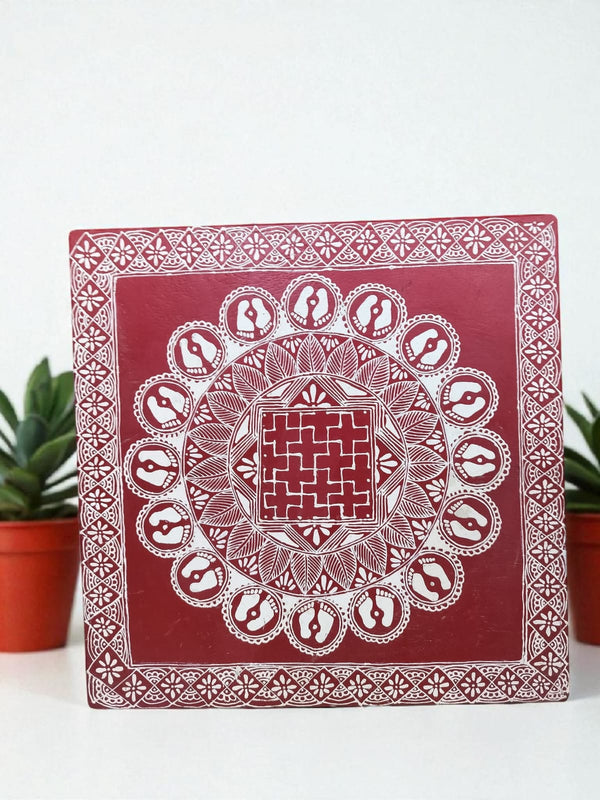 Aipan Art Wooden Pooja Chowki - Design 6 - Handcrafted Himalayan Product by Baaduli