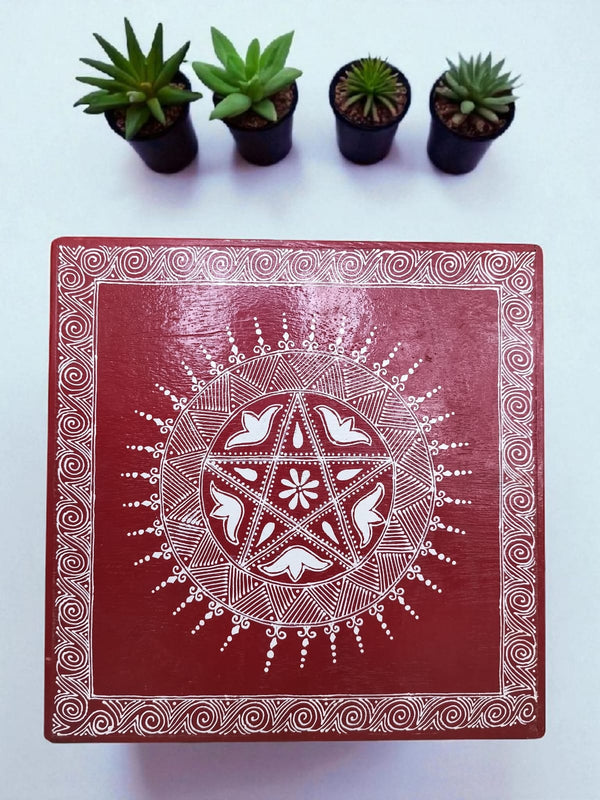 Aipan Art Wooden Pooja Chowki - Design 1 - Handcrafted Himalayan Product by Baaduli