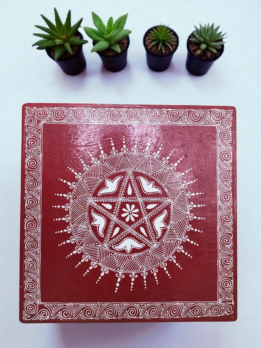 Aipan Art Wooden Pooja Chowki - Design 1 - Handcrafted Himalayan Product by Baaduli