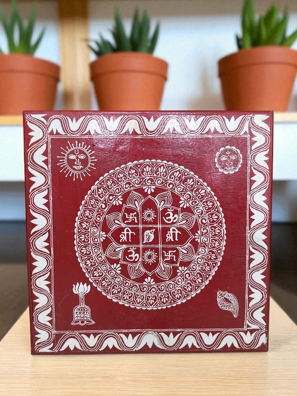 Aipan Art Wooden Pooja Chowki - Design 7 - Handcrafted Himalayan Product by Baaduli