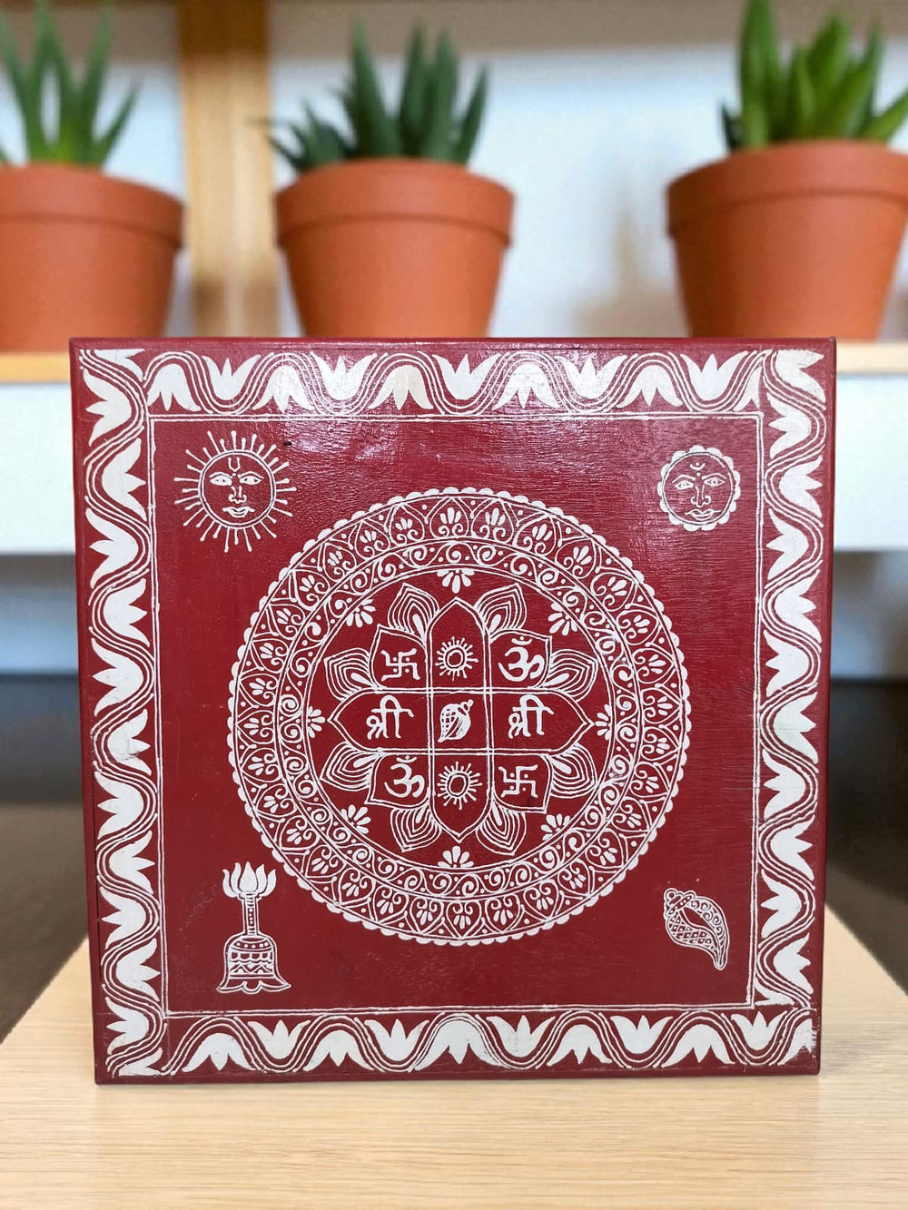 Aipan Art Wooden Pooja Chowki - Design 7 - Handcrafted Himalayan Product by Baaduli