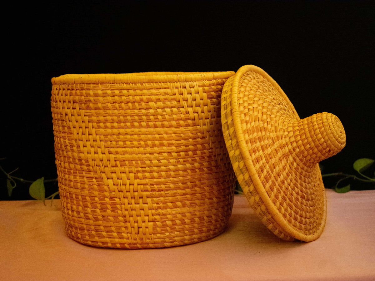 Moonj Grass Lid Basket - Cylinder - Handcrafted Himalayan Product by Baaduli
